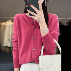 2025年秋季通勤单件长袖一线成衣桂花针开衫时尚百搭通勤简约，女装羊毛衫，三莲羊绒