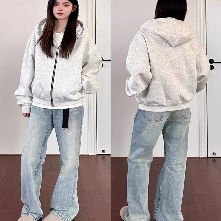白灰色连帽女士卫衣2025新款春秋冬季新款oversize慵懒风开衫外套,女装短外套,星座218-8