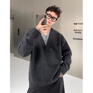 春季新款百搭时尚舒适V领套头长袖毛衫慵懒风套头毛衣男 MK150图片
