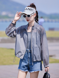 时尚蓝色短款女轻薄小外套夏季新款连帽旅行户外透气长袖薄短外套图片