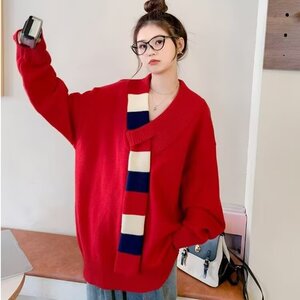 1506-1/MY4191/P56小众设计围巾领红色圣诞毛衣男女冬季情侣装V领图片