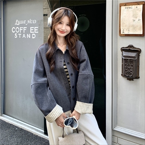 韩系学院风休闲短外套女秋2025新款设计感条纹拼接小个子夹克上衣图片