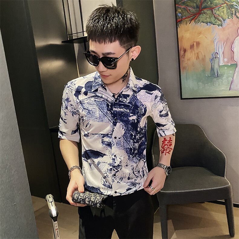 312A-119-P55新款社会小伙中袖衬衫韩版潮流男士五分袖衬衣A,男装T恤,星座312A-5