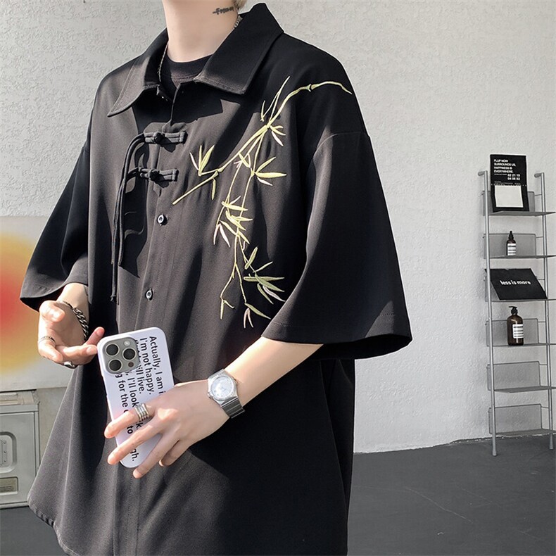 新中式短袖衬衫大码8XL-M风竹子刺绣冰丝唐装盘扣衬衣DC5007P48,男装T恤,电商B238