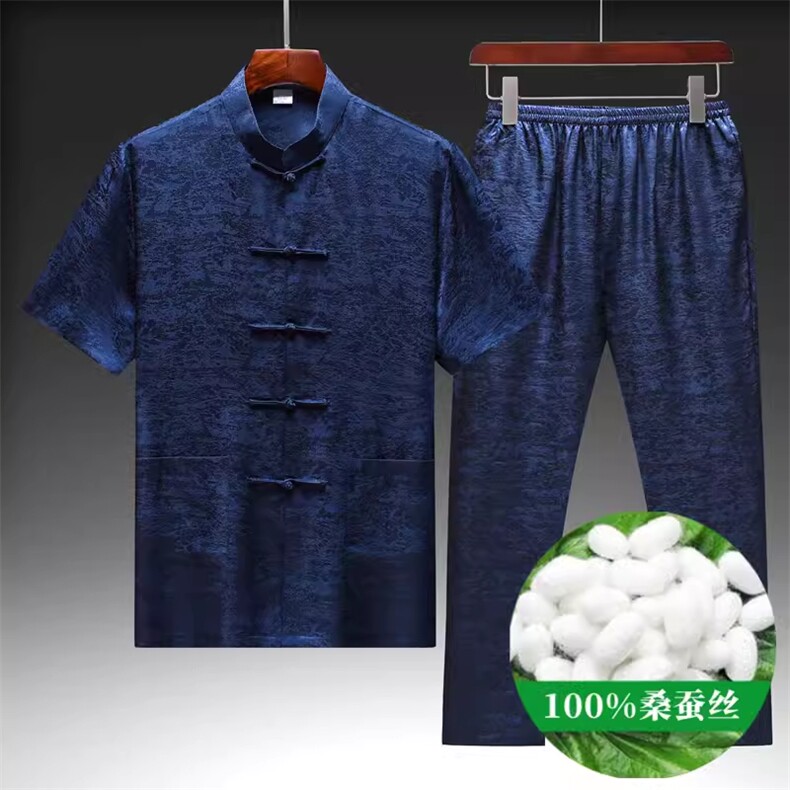 夏款高端唐装套装薄款绸缎男装休闲男上衣，男装休闲套装，钱塘6003B