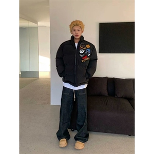 202新款加厚宽松立领棉服男冬季潮牌美式高街刺绣面包服外套