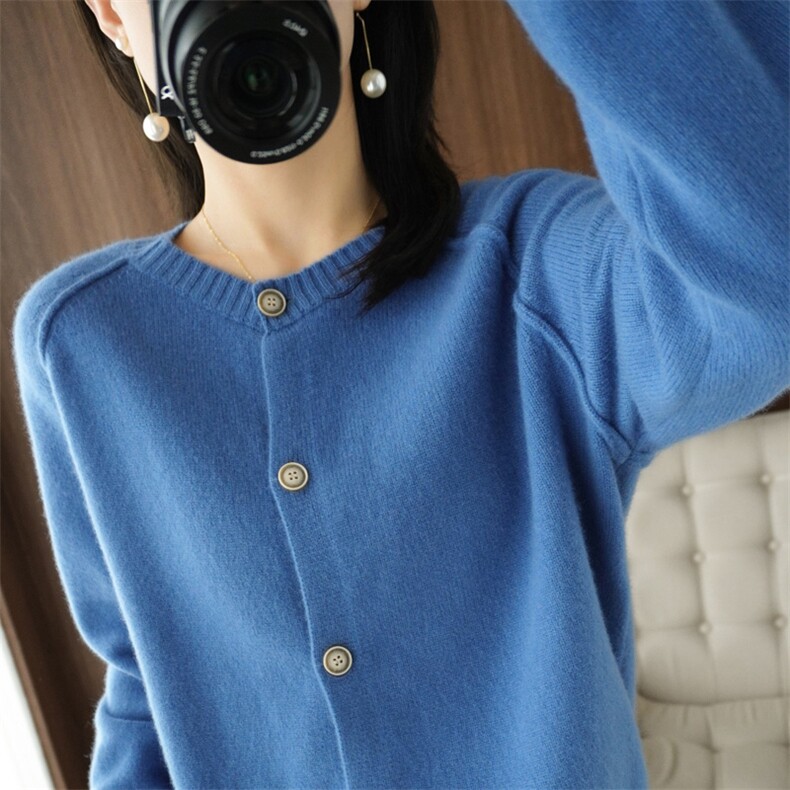 2025新款100%纯羊毛开衫女圆领毛衣打底宽松显瘦百搭羊绒针织外套，女装羊毛衫，琳尚羊绒