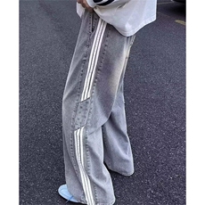 条纹拼接小众牛仔裤男秋季直筒宽松阔腿裤子复古拖地长裤NK55，男装牛仔裤，星座1116A（原606A-3）