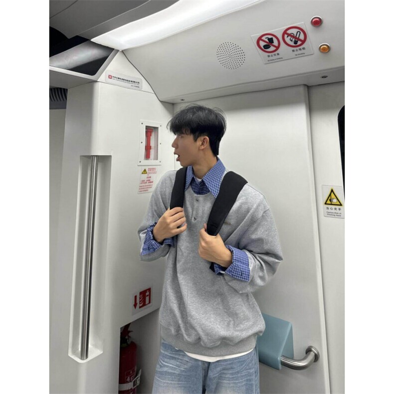 网图-WY10-P5825春装假两件套头卫衣格子拼接上衣套头衫内搭,男装卫衣,电商B327