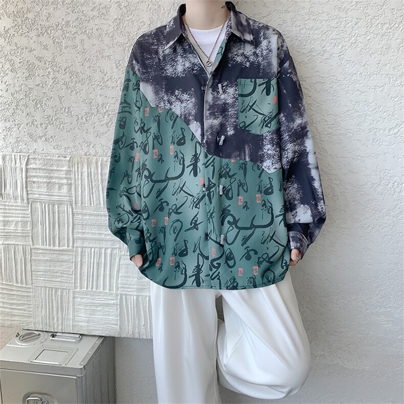 CS1152-特批38控68秋季新款新中式撞色拼接长袖冰丝衬衫大码男,男装衬衫,电商A059