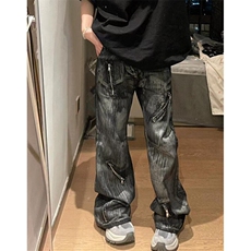 重磅水洗拉链复古牛仔裤男设计感微喇刷漆扎染裤子N6696，男装牛仔裤，星座1116A（原606A-3）