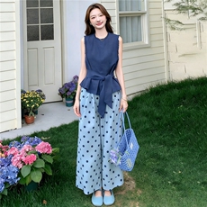 松弛感时尚洋气套装女夏季新款圆领无袖收腰上衣波点阔腿裤两件套，女装套装/套裙，江南