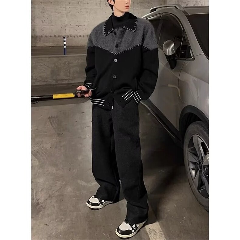 M255-P58韩系高街拼接针织衫外套男2025新款秋冬季痞帅潮牌毛衣,男装针织衫/毛衣,电商B323A