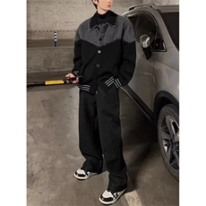 M255-P58韩系高街拼接针织衫外套男2025新款秋冬季痞帅潮牌毛衣，男装针织衫/毛衣，电商B323A
