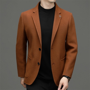2023秋冬新款男士商务休闲羊毛西服中年男装纯色宽松免烫外套图片