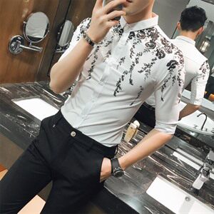 修身型 印花 青年 夏季 休闲 常规 青春流行 2021年 尖领 潮 七分袖 简约  衬衫图片