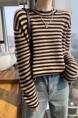 秋冬新款圆领条纹拼色100%纯羊毛衫女宽松慵懒羊绒衫上衣打底毛衣，女装羊毛衫，琳华羊绒