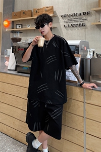 高品质猫爪布美式机车拉链套装夏季新款设计短袖短裤套装特P70图片
