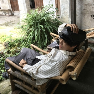 美式潮牌高街复古泡泡纱竖条纹日系肌理长袖衬衫男女休闲宽松衬衣图片