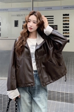 美式复古高级感条纹撞色PU皮衣外套女2025春秋季新款韩系显瘦夹克，女装皮衣，蝶眷