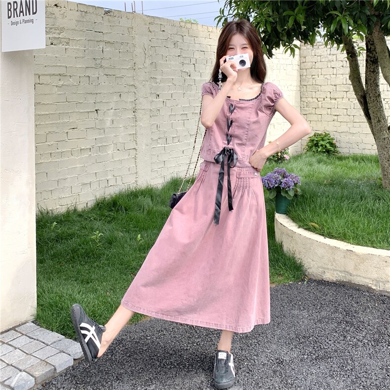 新品牛仔套裙2025夏季新款蝴蝶结套装裙3309-P155-K218,女装套装/套裙,2C230