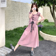 新品牛仔套裙2025夏季新款蝴蝶结套装裙3309-P155-K218，女装套装/套裙，2C230