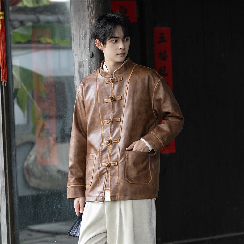新中式潮PU皮手工擦皮工艺风立领大码宽松盘扣唐装外套JK203图片