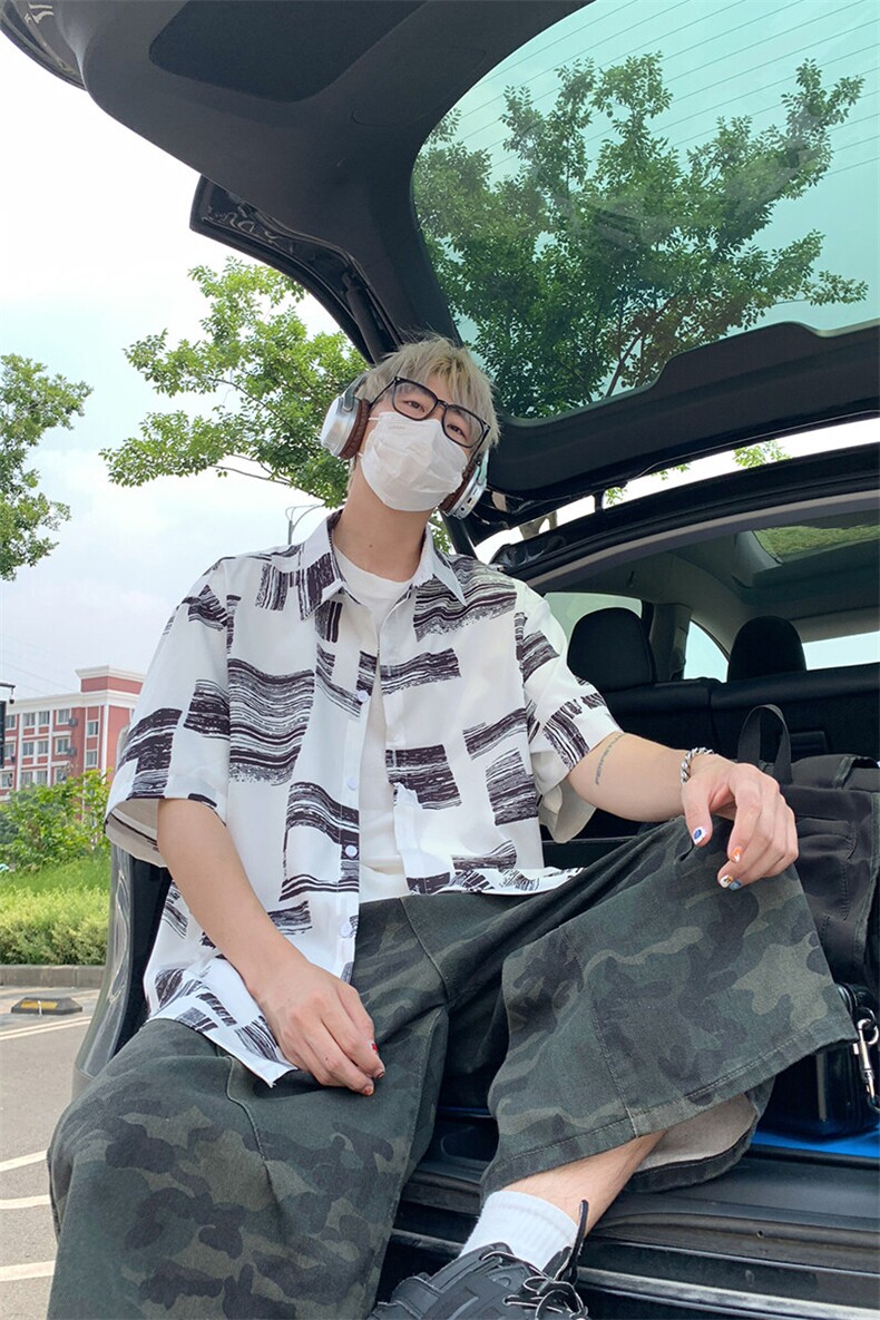 冰丝短袖衬衫男夏季薄款高级感翻领衬衣五分袖落肩袖宽松t恤外套,男装衬衫,电商A007