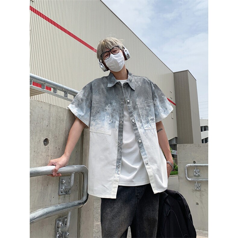 扎染短袖衬衫男生夏季薄美式高街水洗渐变情侣炸街五分袖衬衣外套,男装衬衫,电商A007