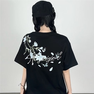 H0841-P35刺绣内里加贴布不刺身纯棉220克宽松情侣短袖T恤图片