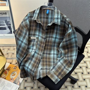 美式复古格子衬衫男士长袖春秋季新款宽松外套日系潮流衬衣服图片