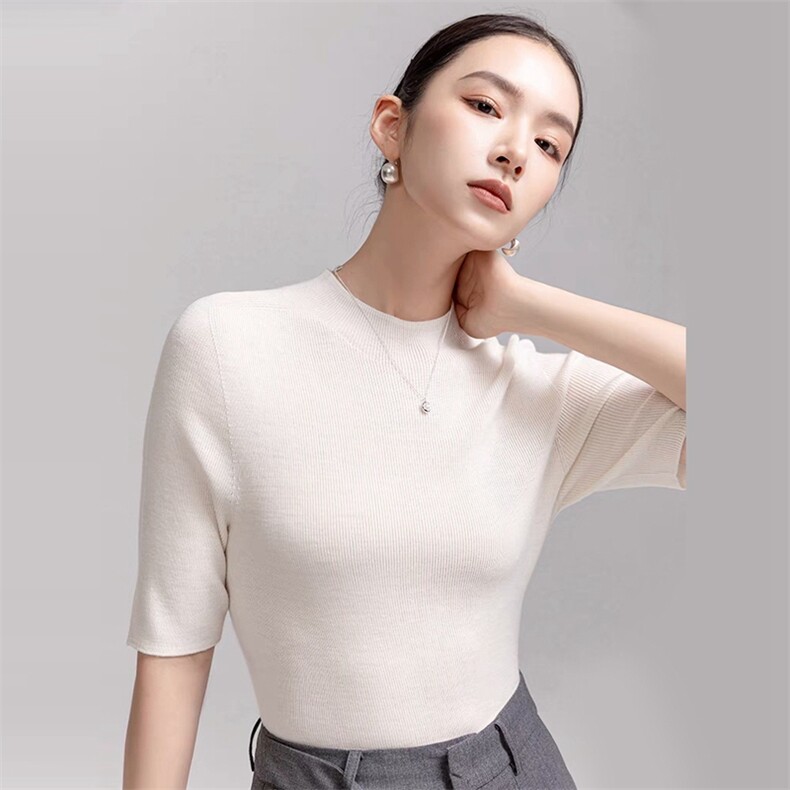 女士时尚显瘦百搭无缝一体针织五分袖，女装T恤，旭友羊绒