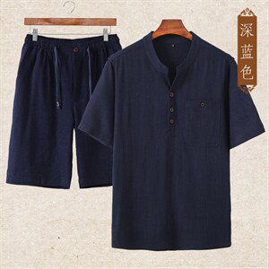 主推款高端夏男士唐装中年棉短袖麻套装中老年高品质亚麻短袖T恤图片