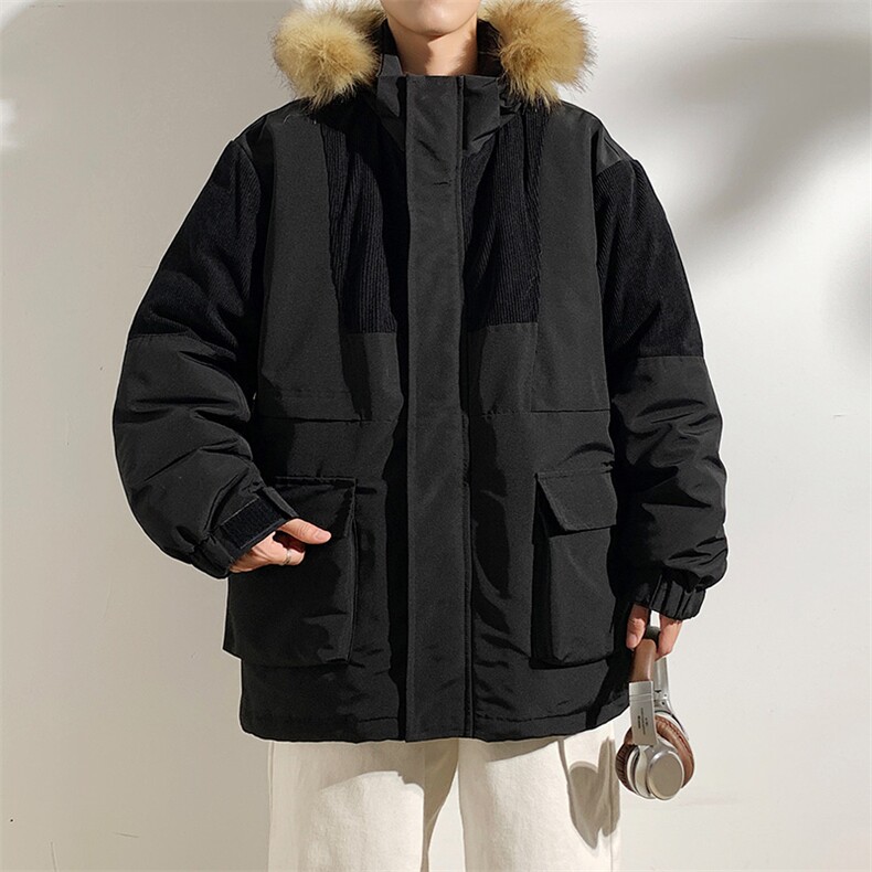 港风2025新品冬季宽松撞色棉服派克服毛领冬装加厚外套D009-P145,男装棉衣,星座717