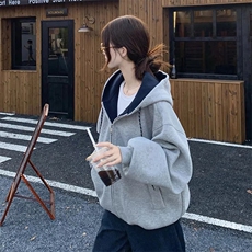 抖音得物二开美式高街重磅结构双层撞色连帽卫衣开衫外套W116，女装短外套，电商A486-1
