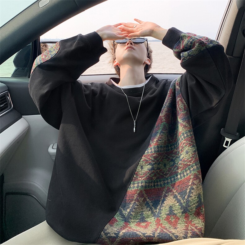 古着vintage民族风卫衣男款春秋季新款青少年痞帅拼接设计上衣服，男装民族服装，电商B238