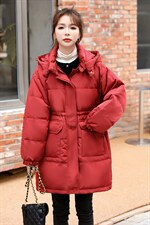 羽绒服女冬季2021新年红圣诞时尚修身过膝冬中长鸭绒品牌外套，女装羽绒服，意芙