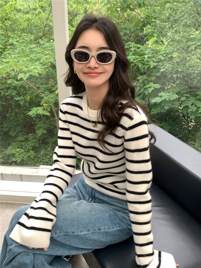 新款圆领女宽松套头休闲上衣针织衫,针织衫/毛衣,玛卡隆羊绒