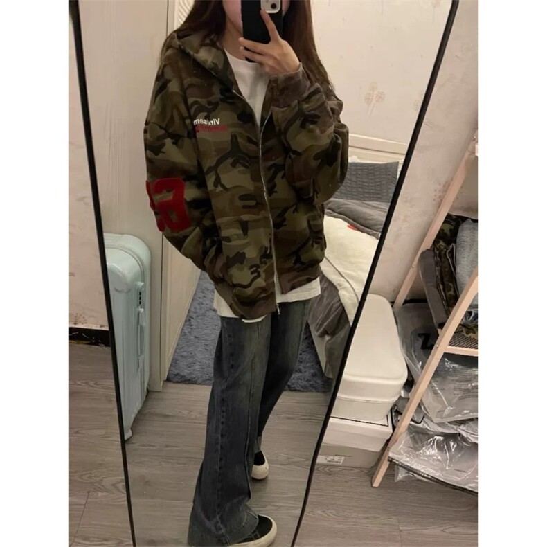 美式穿搭迷彩连帽卫衣外套女秋季刺绣拉链开衫情侣上衣潮WY226,女装短外套,星座208-5