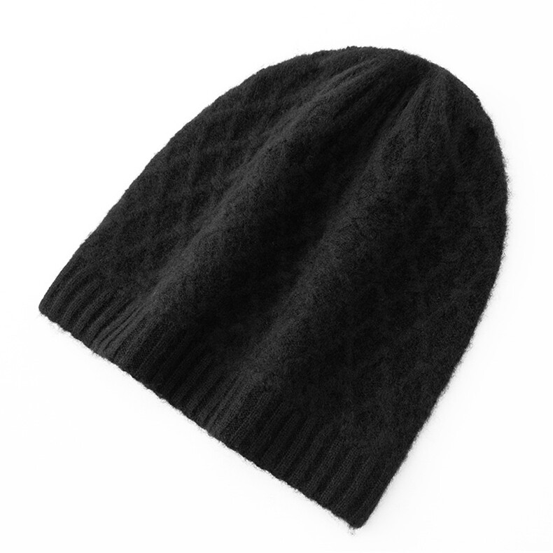 时尚百搭黑色羊绒帽简约复古绞花设计保暖舒适，帽子，戎咖羊绒