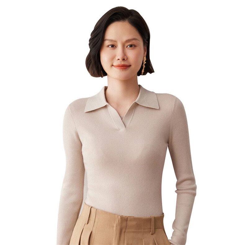 秋冬新款洋气时尚百搭显瘦女款POLO领35%山羊绒衫,女装羊绒衫,艾巧羊绒