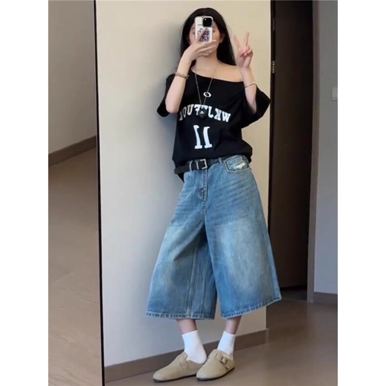 美式复古折痕破洞七分牛仔裤女夏季高腰八分中裤梧桐直筒阔腿短裤,男装牛仔裤,星座506A