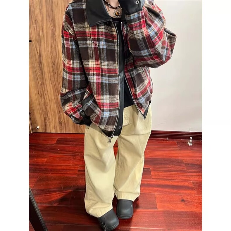 有货DJK8565-批75美式复古双面穿格子pu皮衣外套男女图片