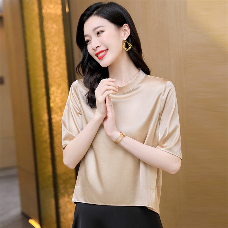 重磅真丝短袖衬衫女士2022年夏季气质圆领宽松桑蚕丝半袖小衫衬衣,女装衬衫,阿舍尔精品