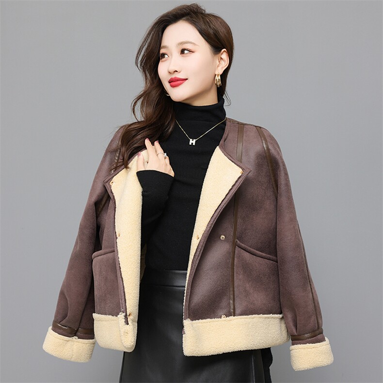 外套女韩版时尚单排扣简约百搭加绒整件宽松加厚甜美外套，女装羊羔毛/颗粒绒，曼沙奕珂