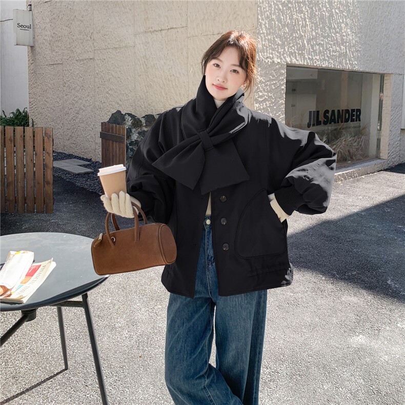 韩系拼接撞色格子围巾短款羽绒服女2025冬立领宽松小个子减龄外套图片