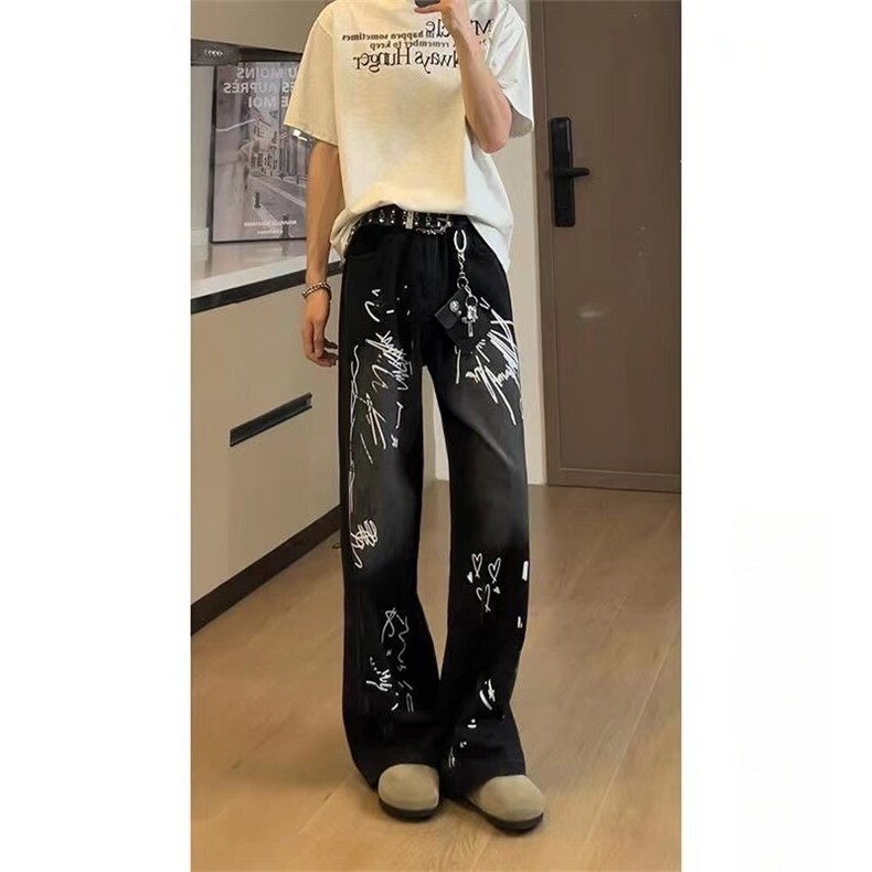 【现货】美式高街牛仔裤男直筒裤涂鸦爱心潮宽松P43Y9911,男装牛仔裤,星座1112-1