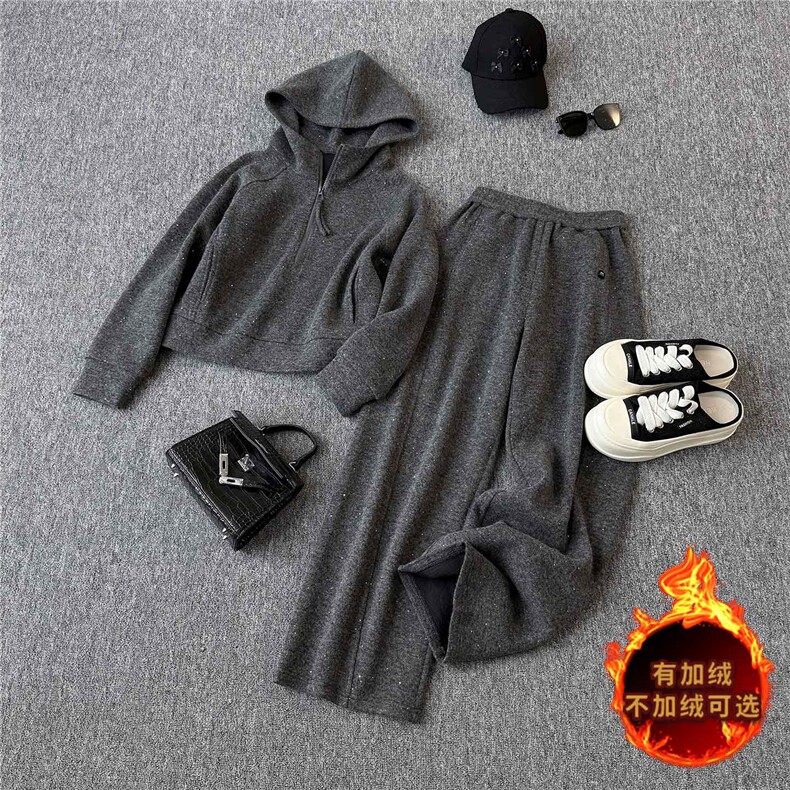 运动休闲时尚套装女秋新款高级感半拉链套头连帽卫衣直筒裤两件套，女装套装/套裙，江南