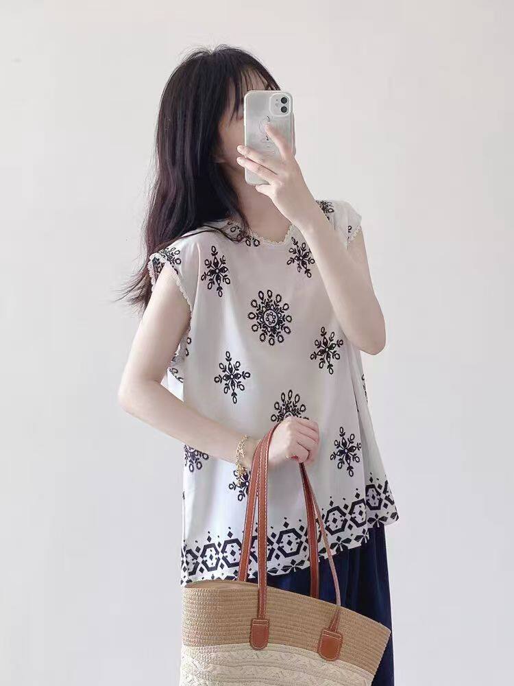 夏季棉绸花边背心无袖时尚百搭，女装T恤，湘姗