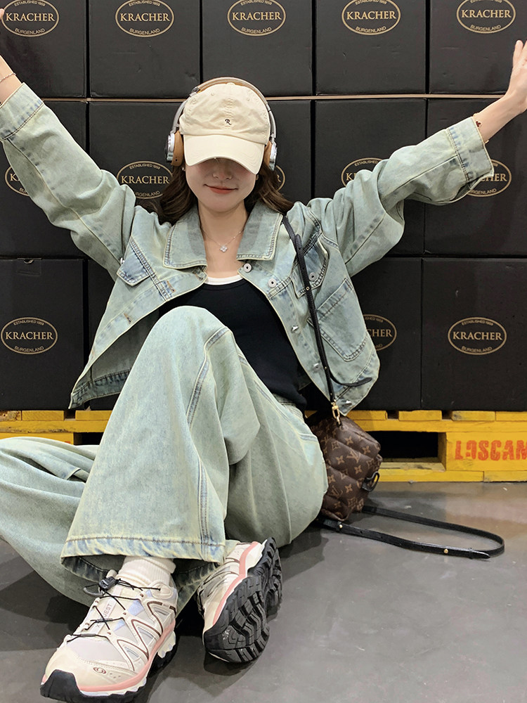（新款现货）2026春装时尚休闲宽松牛仔外套阔腿裤套装（两件套）,女装套装/套裙,印象茜